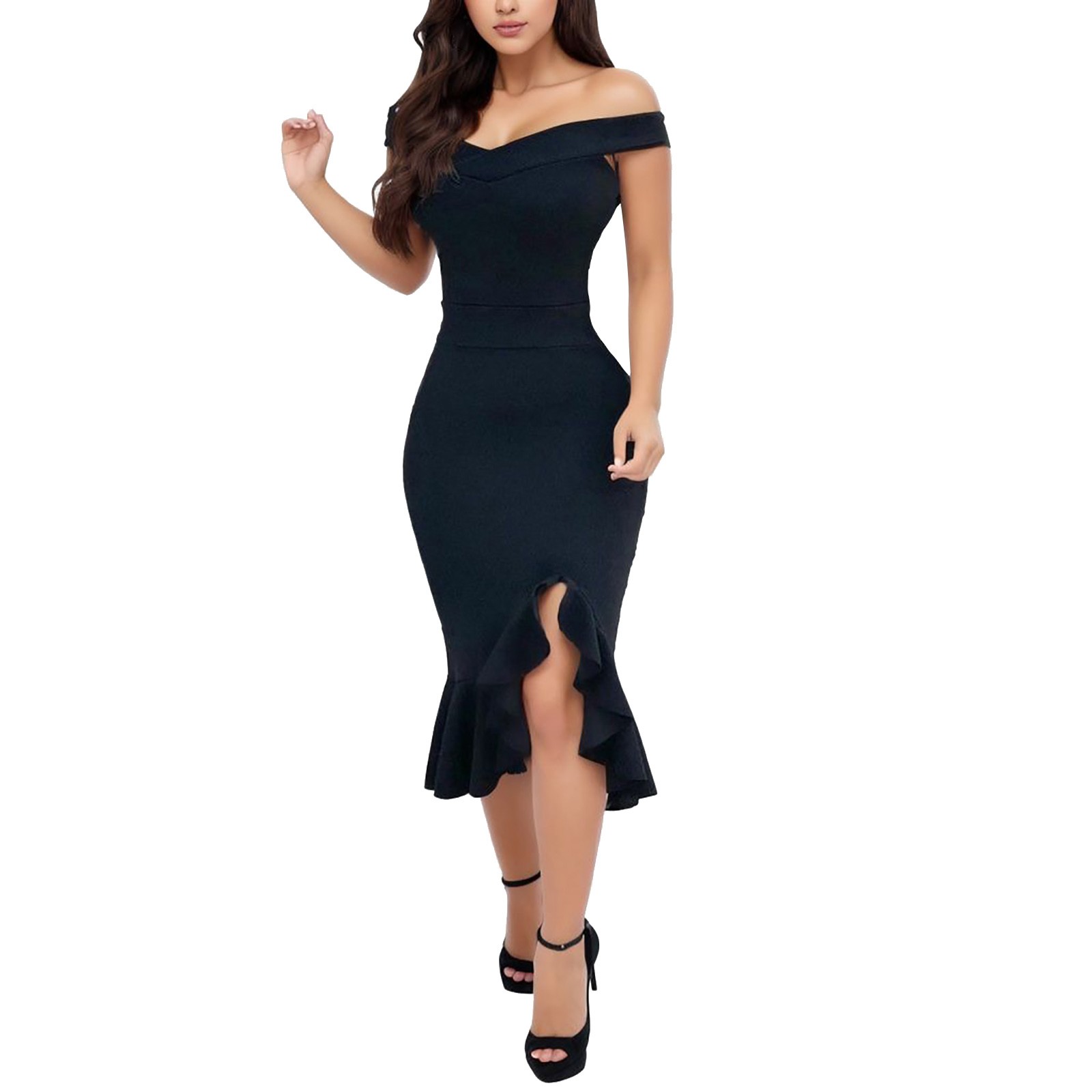 thumbnail image 2 of Vestido informal de invierno para mujer con hombros descubiertos, bajo con abertura, volantes, manga larga y cuello en V., 2 of 7